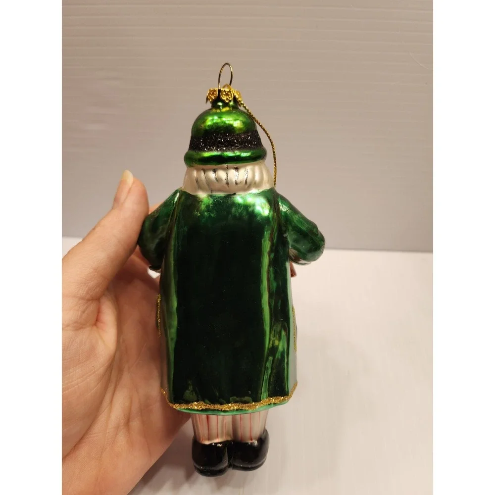 Blown Glass Santa Leprechaun Ornament 6in Glitter Accent, Pot Of Gold Harp,shiny